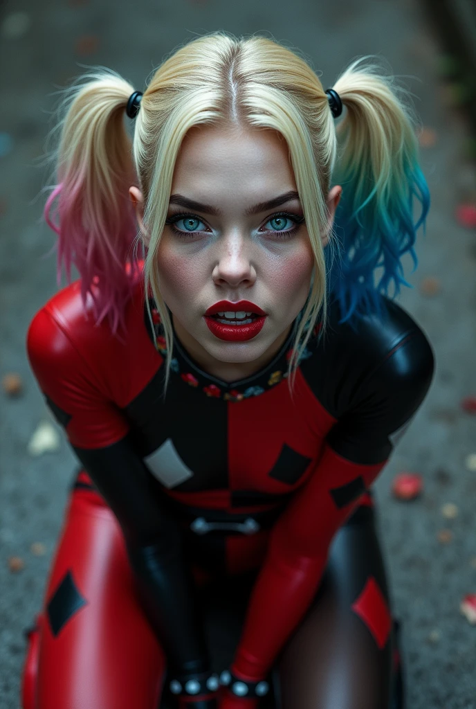 Harley Quinn on her knees looking up at viewer mouth open 