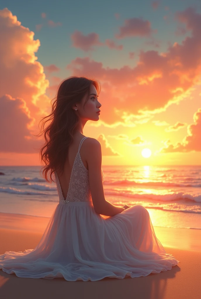 A girl at the beach look at the sunset.She wear a white dress.She seat at the sand