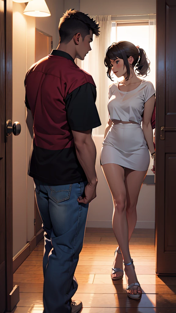 A young couple is romancing inside the house. The woman is wearing very short clothes and her hips are big. It is night.