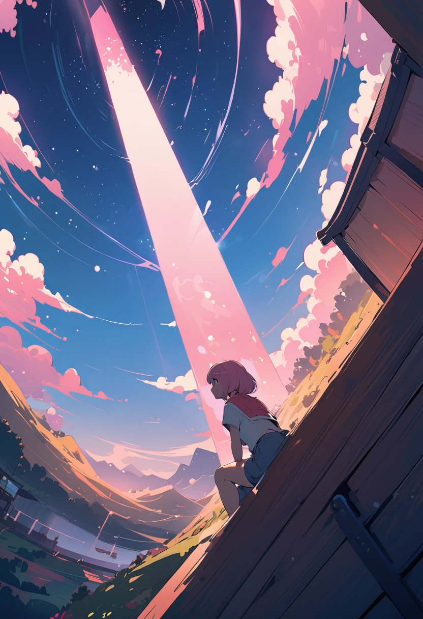 masterpiece, Old station platform、Girl sitting on bench、profile、Pink Hair、Short Hair、Wide angle perspective、 Bright starry sky. photograph:Xin Haicheng, Pixiv, Concept Art, Lofi Art style, by makoto shinkai, Lofi Art, Beautiful anime scene, Anime Scenery, Detailed Landscape — Width 672, in Makoto Shinkai'style, Makoto Shinkai'style, Enhanced Details.