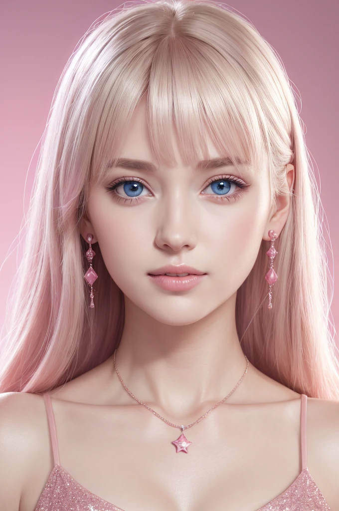 1girl,star blue eye,blush,perfect illumination,upper body,3DMM,blonde hair,long hair,jewelry,gradient pink background,pink dress,earrings,pink dress,realistic,necklace,looking at viewer,tiara,pink lips,light smile,unreal engine,side lighting,detailed face,bangs,bright skin