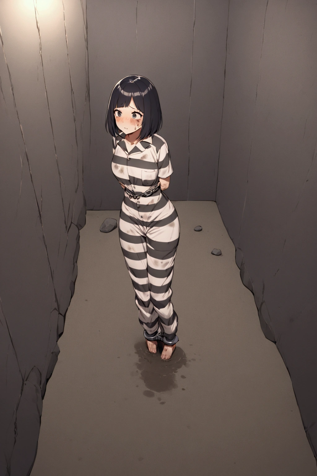 Prisoner, Girl in prison,embarrassing,blush,Imprisonment, Imprisonment, Black and white prison jumpsuit, Handcuffed,Shackles, Suppressed, bondage, be interested, Solitary confinement, rock,black　hair,bob cut,black eyes,mud stains,dirty face,dirt on face,dirty cloth