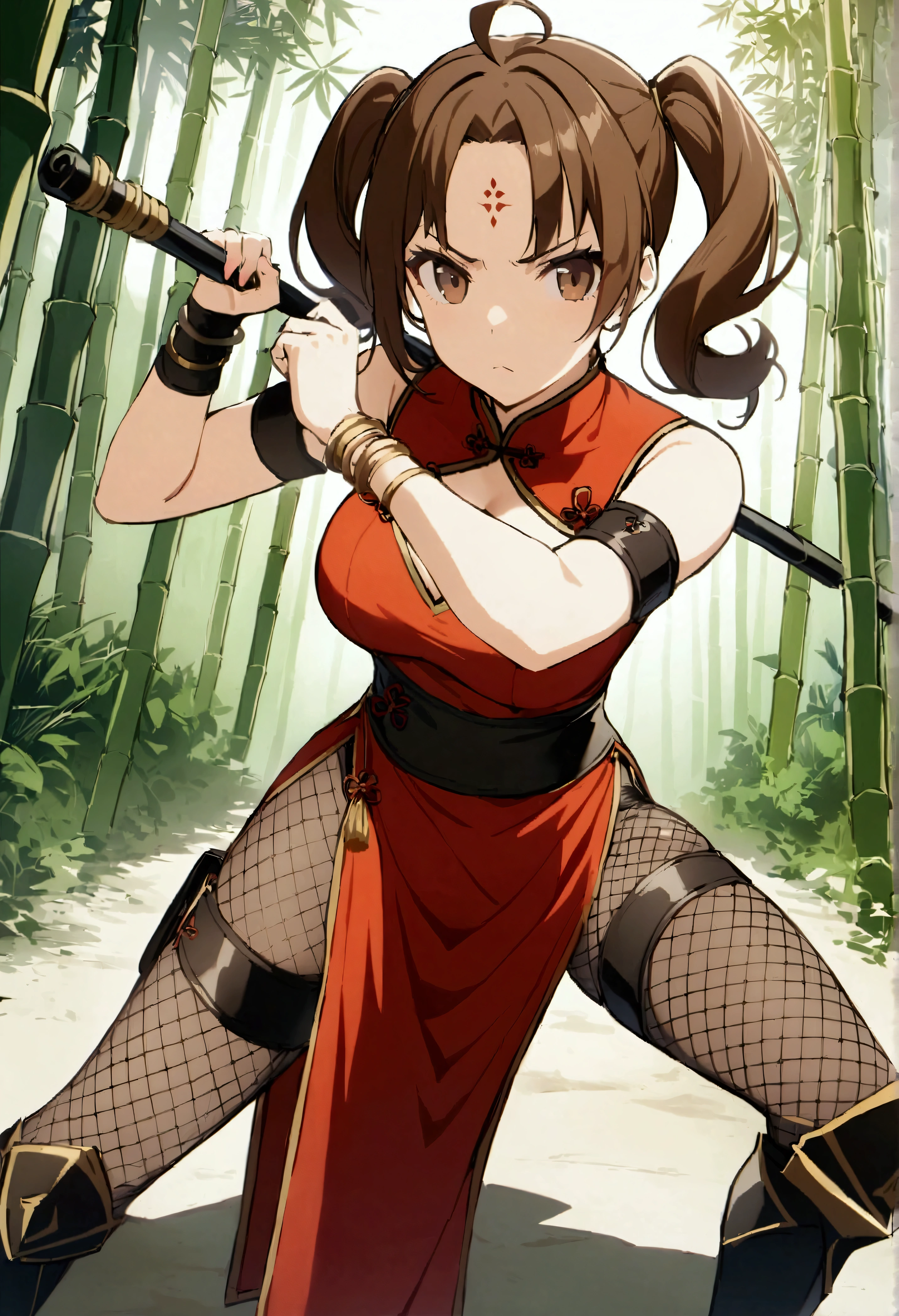 1girl, medium hair, ahoge, forehead mark, brown hair, brown eyes, twintails, chinese clothes, cleavage cutout, armlet, bracelet, thigh strap, fishnets pantyhose, greaves, fighting stance, holding polearm, serious, bamboo forest score_9, score_8_up, score_7_up, score_6_up, score_5_up, score_4_up, BREAK source_anime, masterpiece