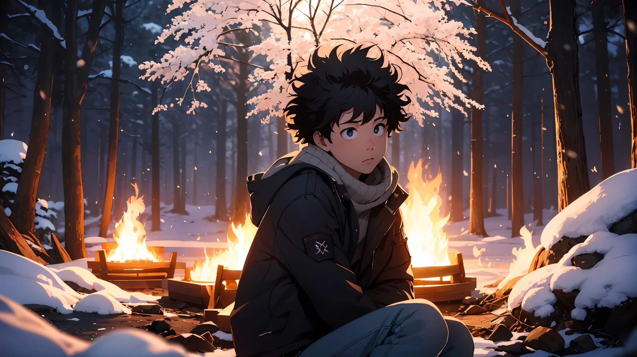 Izuku Midoriya at bonfire, cold, snow, 1boy, beautiful detailed eyes, beautiful detailed lips, extremely detailed face, long eyelashes, sitting by a cozy bonfire, winter landscape, snow-covered forest, starry night sky, warm firelight, cold atmosphere, cinematic lighting, highly detailed, 8k, photorealistic, intricate details, dramatic composition, muted color palette, dramatic lighting