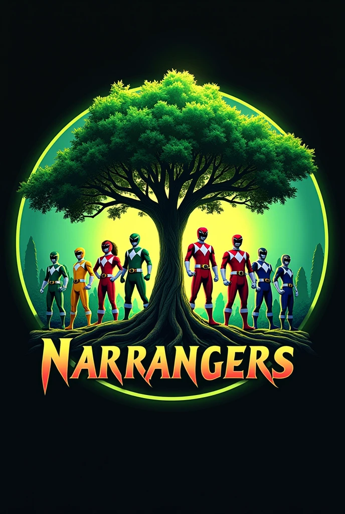 Green Circle logo with a narra tree and power rangers on the background and has the text NARRANGERS 