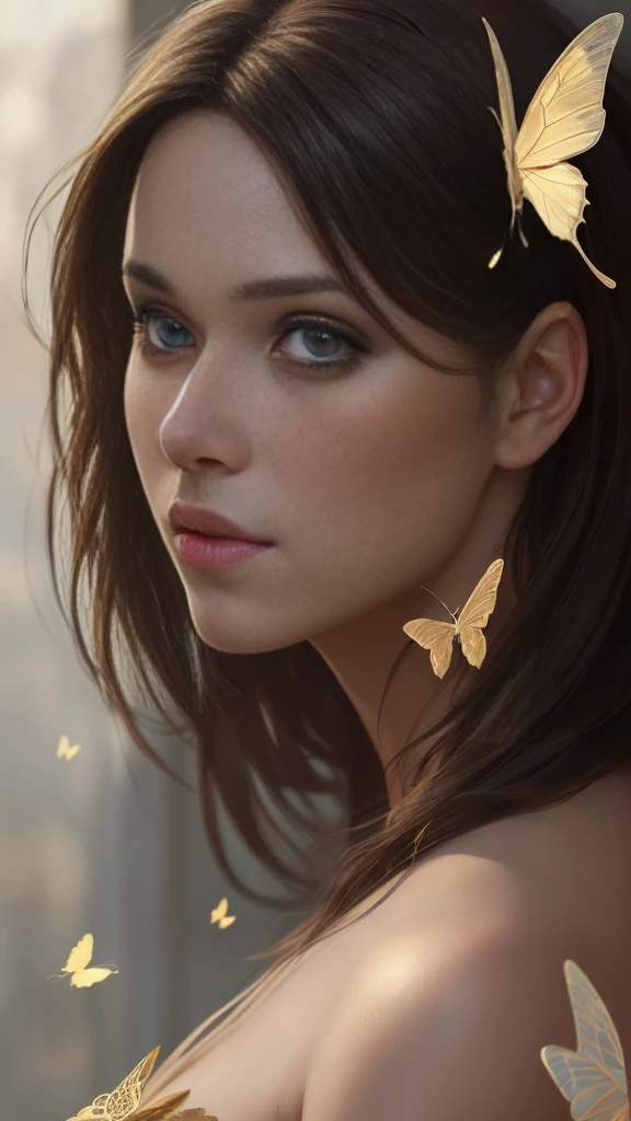 Professional girl model, beautiful brown hair portrait, (masterpiece, side light, beautifully detailed eyes: 1.2), looking into the camera, intricate and elegant, golden butterfly filigree that covers the screen except for the model, highly detailed and majestic digital photography, surreal painting by artgerm and ruan jia and greg rutkowski, broken glass, HDR.