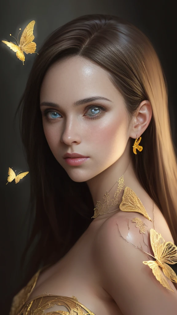 Professional girl model, beautiful brown hair portrait, (masterpiece, side light, beautifully detailed eyes: 1.2), looking into the camera, intricate and elegant, golden butterfly filigree that covers the screen except for the model, highly detailed and majestic digital photography, surreal painting by artgerm and ruan jia and greg rutkowski, broken glass, HDR.