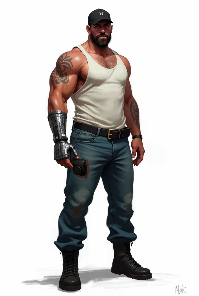 drawning, sharp colors, one  men, no tattoo, zombie apocalypse style, 30years, short stature, black goatee, Black cap, white tank top, blue jeans, Black boots, a silver-plated prosthesis on the left hand, Furiosa, in punching position, white background, fully body 