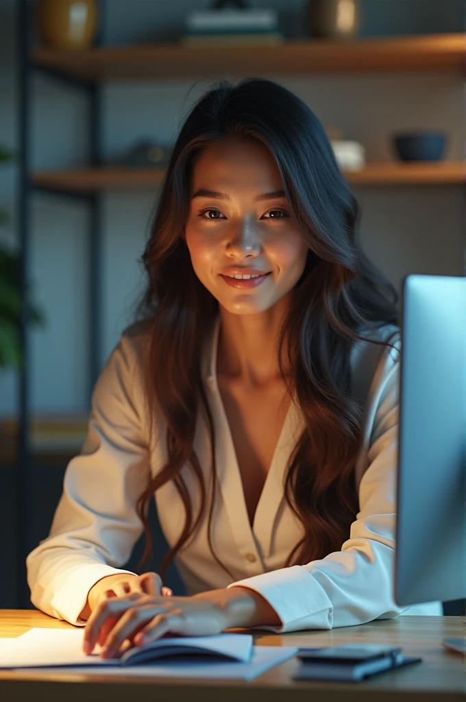 create a hyper realistic female ai model influencer with long hair and a smile on her face while typing on the computer in her office.