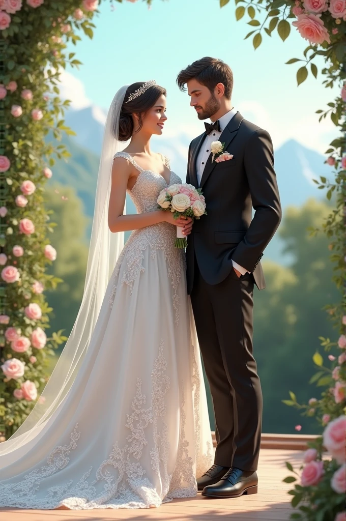Generate a realistic
image of a wedding couple and the wedding dress of girl the name hetankshu must be written and the wedding suit of boy the name yaksh must be written.