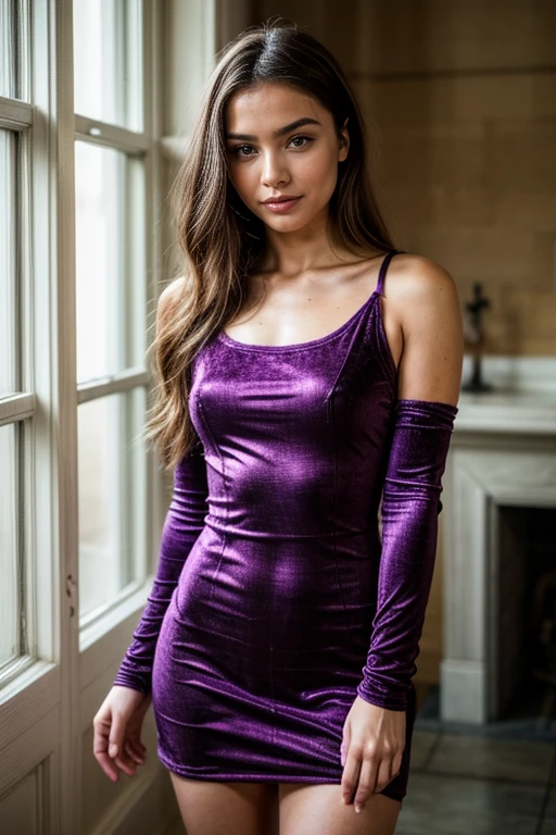 Cute beautiful and sexy European brunette with light green eyes, 22 years,
seductive look in the eyes, girl wears designer purple velvet dress, castle ruins, full body shot, walking, sardonic smile, purple velvet dress, sneakers, bare legs, Purple dress,
innocent face, face length 1.3 times the width of the face, almond eyes, square face shape, High cheekbones, Naturally wavy hair, Light green eyes, high resolution, masterpiece, Best Quality, intricate details, Very detailed, Sharp focus, detailed skin, realist skin texture, texture, detailed eyes, professional, 4k, charming smile, shot with cannon, depth of field, Kodak Color Vision, perfectly fitted body, extremely detailed, Photo_\( ultra\), Photorealist, realist, post processing, Maximum details, roughness, real life, ultrarealist, Photorealism, Photography, 8k hd, Photography
