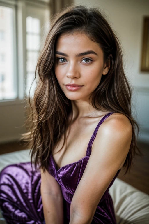 Cute beautiful and sexy European brunette with light green eyes, 22 years,
seductive look in the eyes, girl wears designer purple velvet dress, castle ruins, full body shot, walking, sardonic smile, purple velvet dress, sneakers, bare legs, Purple dress,
innocent face, face length 1.3 times the width of the face, almond eyes, square face shape, High cheekbones, Naturally wavy hair, Light green eyes, high resolution, masterpiece, Best Quality, intricate details, Very detailed, Sharp focus, detailed skin, realist skin texture, texture, detailed eyes, professional, 4k, charming smile, shot with cannon, depth of field, Kodak Color Vision, perfectly fitted body, extremely detailed, Photo_\( ultra\), Photorealist, realist, post processing, Maximum details, roughness, real life, ultrarealist, Photorealism, Photography, 8k hd, Photography