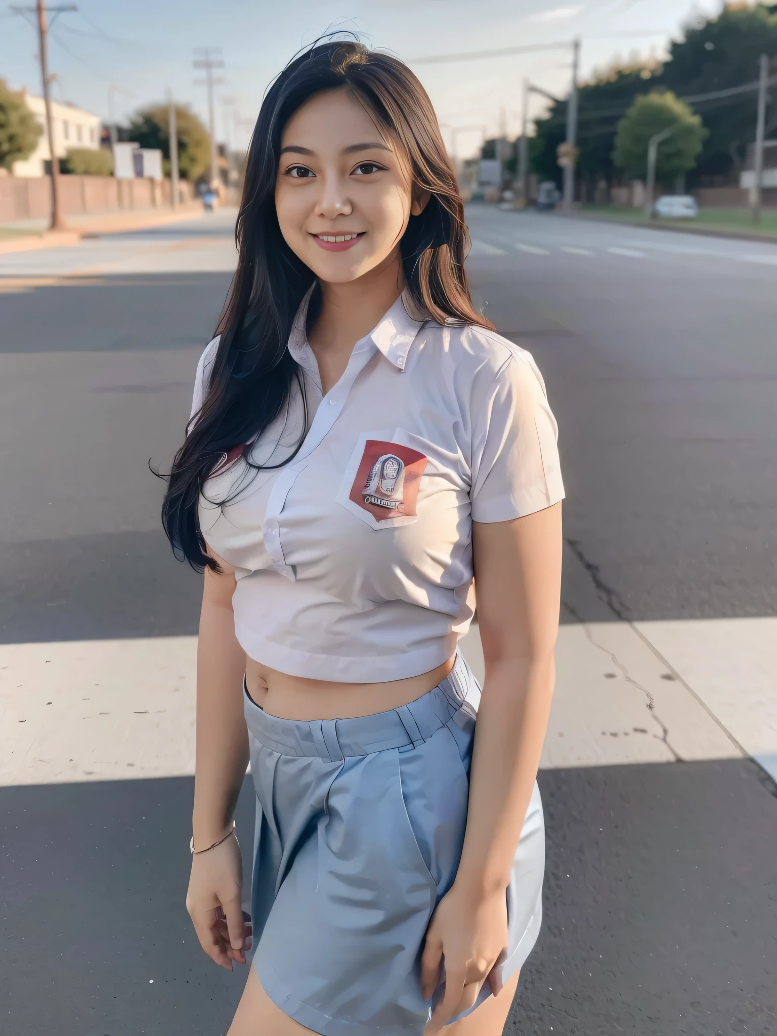 1girl, solo, 19 years old, (uniform), detailed Metropolitan city at the background, portrait, thick breasts, semi-curvy body, Sixpack abs, smooth realistic skin, cute smile, tight white shirt, grey blue short skirt, looking at the audience, high angle shot,(8k, RAW photo, best quality, masterpiece: 1.3), (realistic, realistic: 1.37), ultra-high resolution, cowboy shot