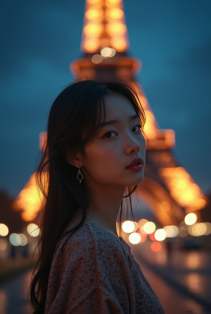 A beautiful chinese girl stand in the front of Paris eiffer Tower in night with light brown hairs art illusion