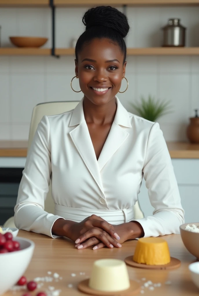 A Nigerian lady sitting on a white ceo chair on a baking workshop