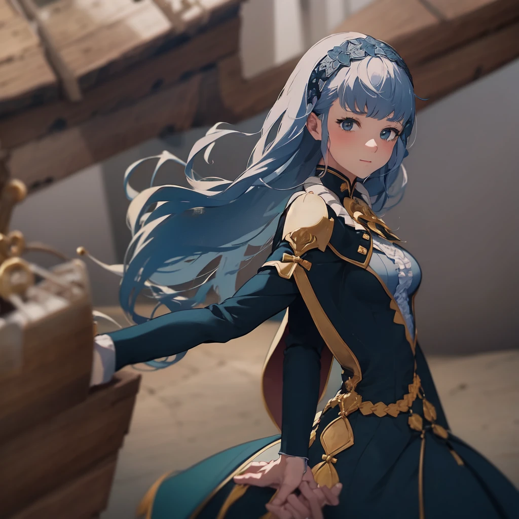 masterpiece, best quality, Marianne3Hopes, long hair, blue dress, capelet, hairband, cropped torso, closed mouth, simple background, looking at viewer, arm_under_breasts