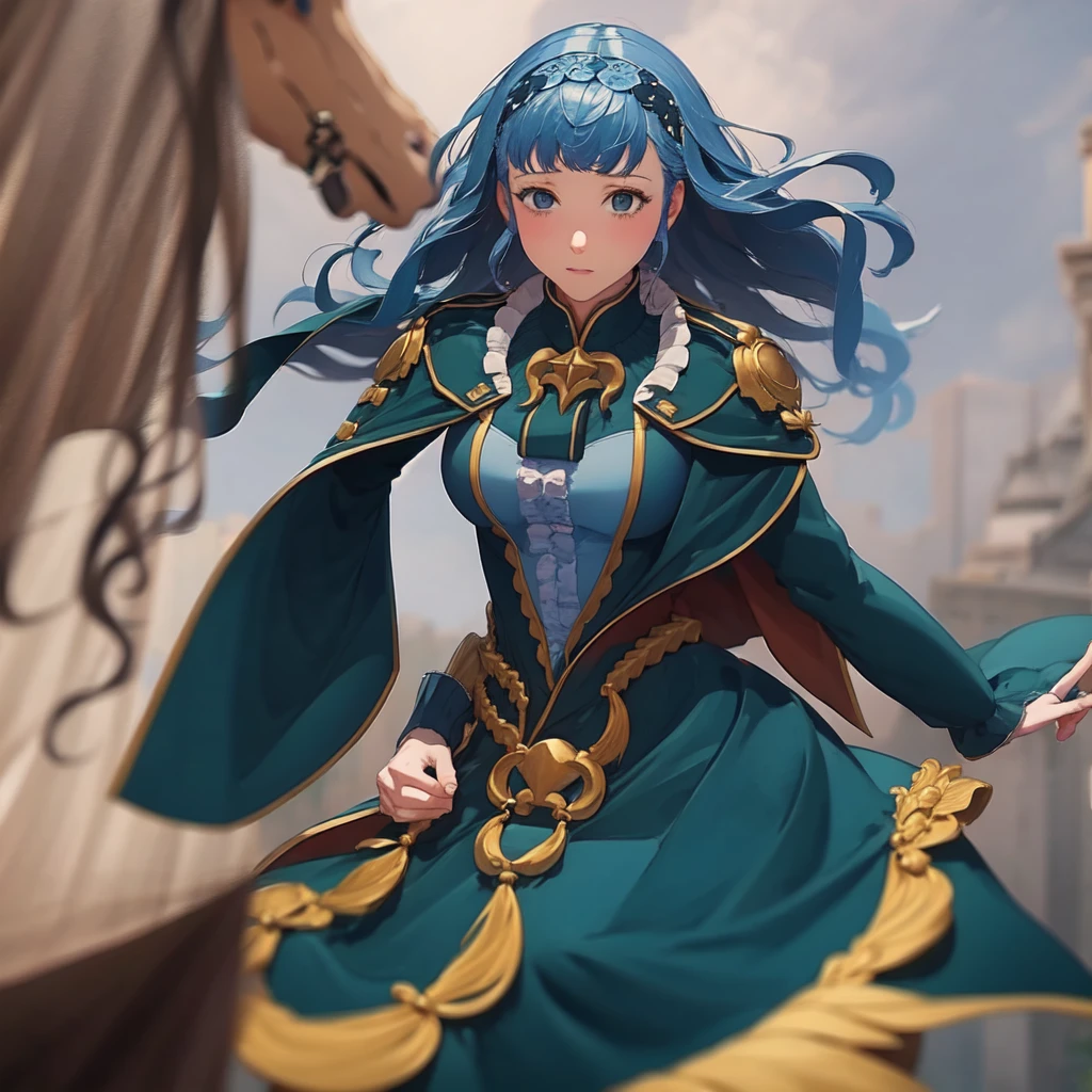 masterpiece, best quality, Marianne3Hopes, long hair, blue dress, capelet, hairband, cropped torso, closed mouth, simple background, looking at viewer, arm_under_breasts