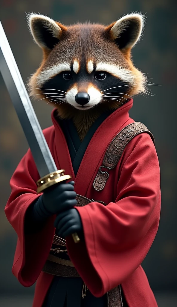 Create a cinematic video featuring Rocket Raccoon from the MCU, with highly detailed fur, slightly bulged, and dressed in a red kimono with intricate designs. Rocket is shown in an action pose with a pensive expression, captured in a full body shot. The focus is on the exquisite, long katana he is holding, with intricate designs that emphasize the sharpness and precision of the weapon. The scene should highlight the katana's lethal elegance, with dramatic lighting and close-up shots to accentuate the weapon's craftsmanship and Rocket's readiness for action