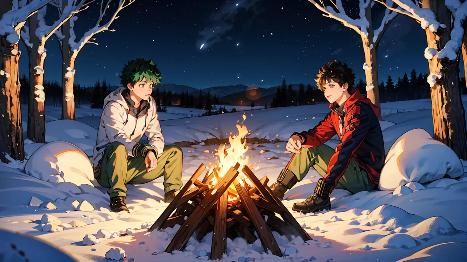 Izuku Midoriya at bonfire, cold, snow, 1boy, beautiful detailed eyes, beautiful detailed lips, extremely detailed face, long eyelashes, sitting by a cozy bonfire, winter landscape, snow-covered forest, starry night sky, warm firelight, cold atmosphere, cinematic lighting, highly detailed, 8k, photorealistic, intricate details, dramatic composition, muted color palette, dramatic lighting