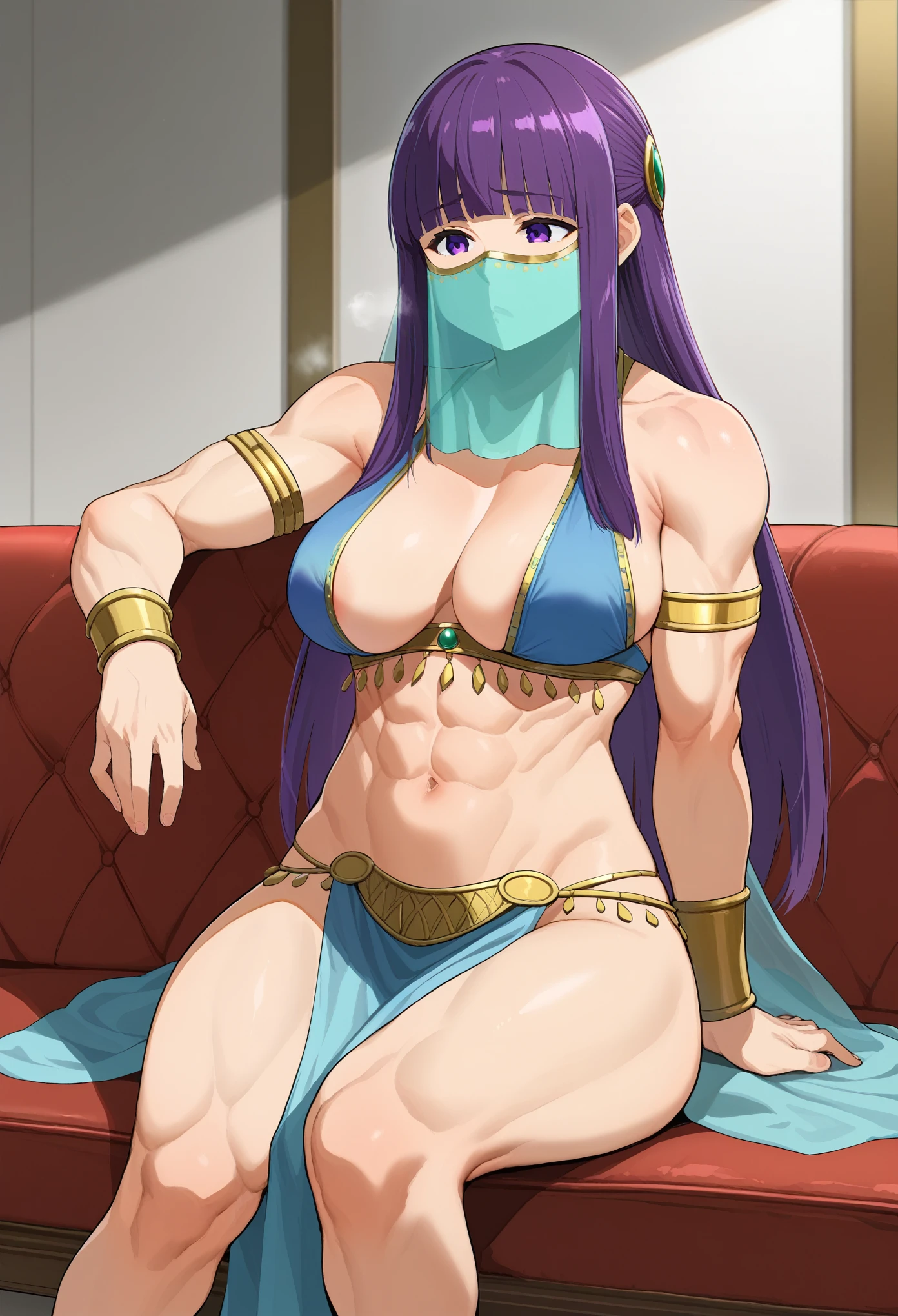 score_9, score_8_up, score_7_up, score_6_up, source_anime, BREAK by ikuchan kaoru, iku, clean color, flat color, sitting, indoors, presenting breasts, couch, muscular, extremely muscular, 1girl, bodybuilder, muscle girl,fren, bored, apathetic, break, ((arabian clothes)), belly dancer, face veil, veil, purple hair, long hair, blunt bangs