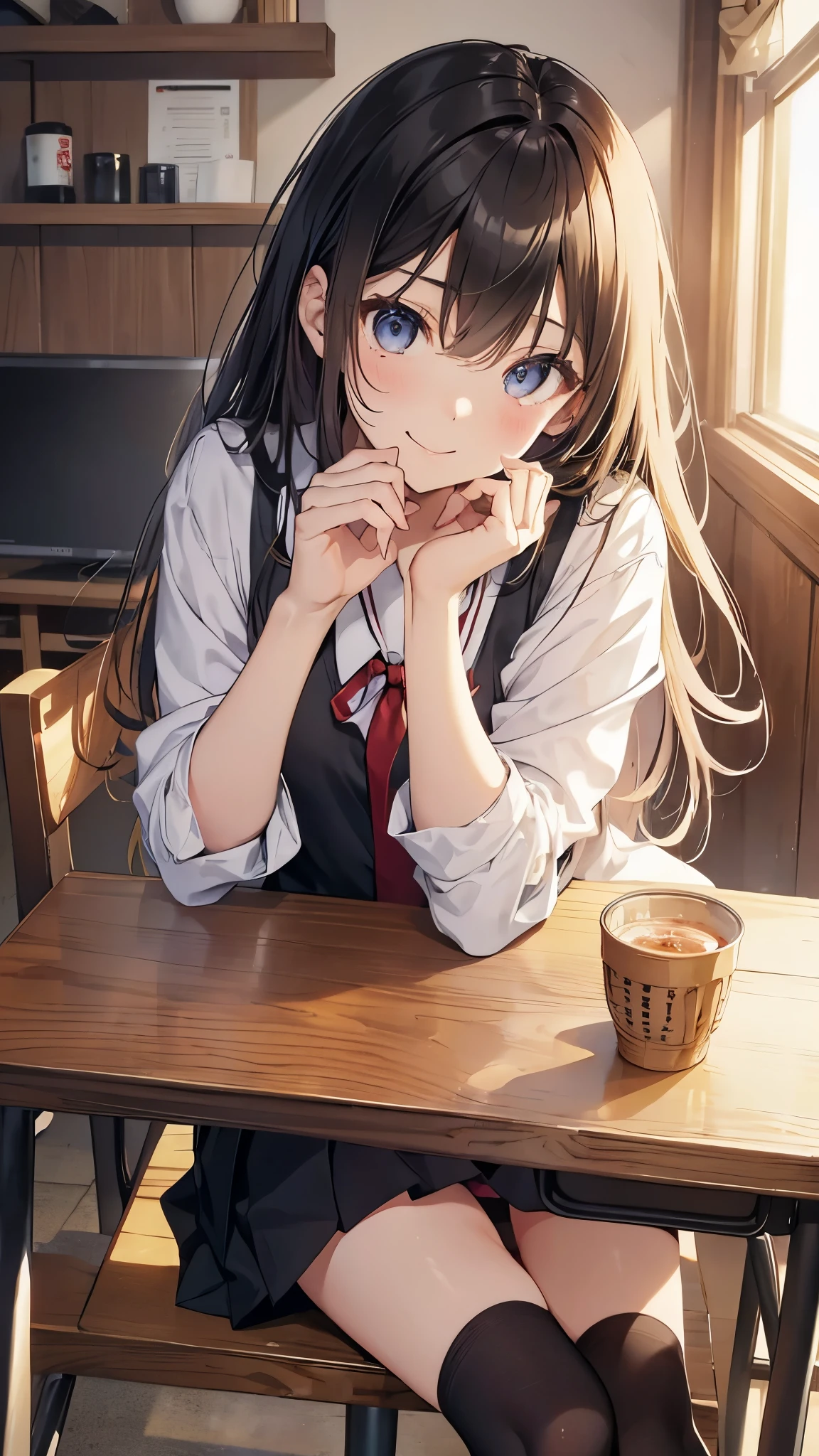 Anime girl sitting at a table with her hand on her chin (Browsing Caution:0.99)、beautiful girl, (Roll up your skirt), looking at the camera, Angle from below, Short skirt, Squat, A shy smile, Japanese School Uniform , Beautiful Skin, ((Highest quality, 16K, Tabletop: 1.3)), 1 girl, The light shines on your face, Highly detailed face, Highly detailed lips, Beautiful Eyes、Realistic looking skin、Cute design panties、Shaving、Various Hair Styles、Uniforms in different colors、Natural clothing、Vans Sneakers、bite、Detailed panties