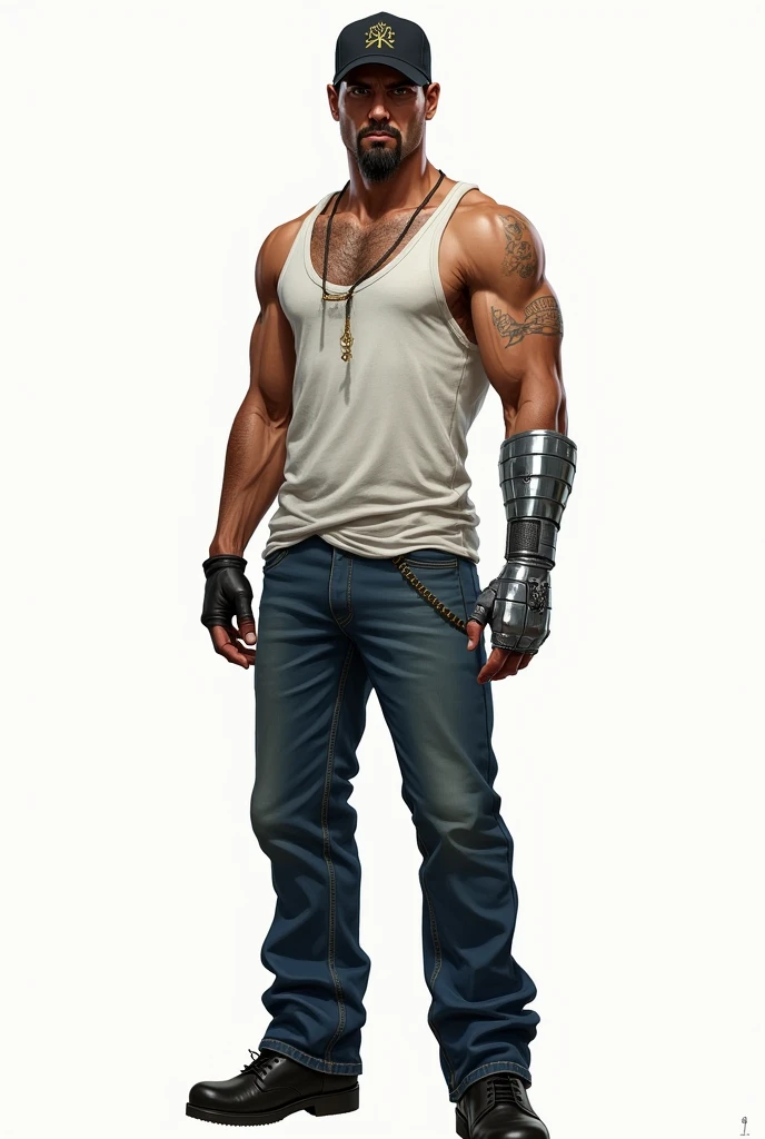 drawning, sharp colors, a strong man, zombie apocalypse style, 30years, short stature, black goatee, Black cap, white tank top, blue jeans, Black boots, a silver-plated prosthesis on the left hand, Furiosa, white background, fully body 