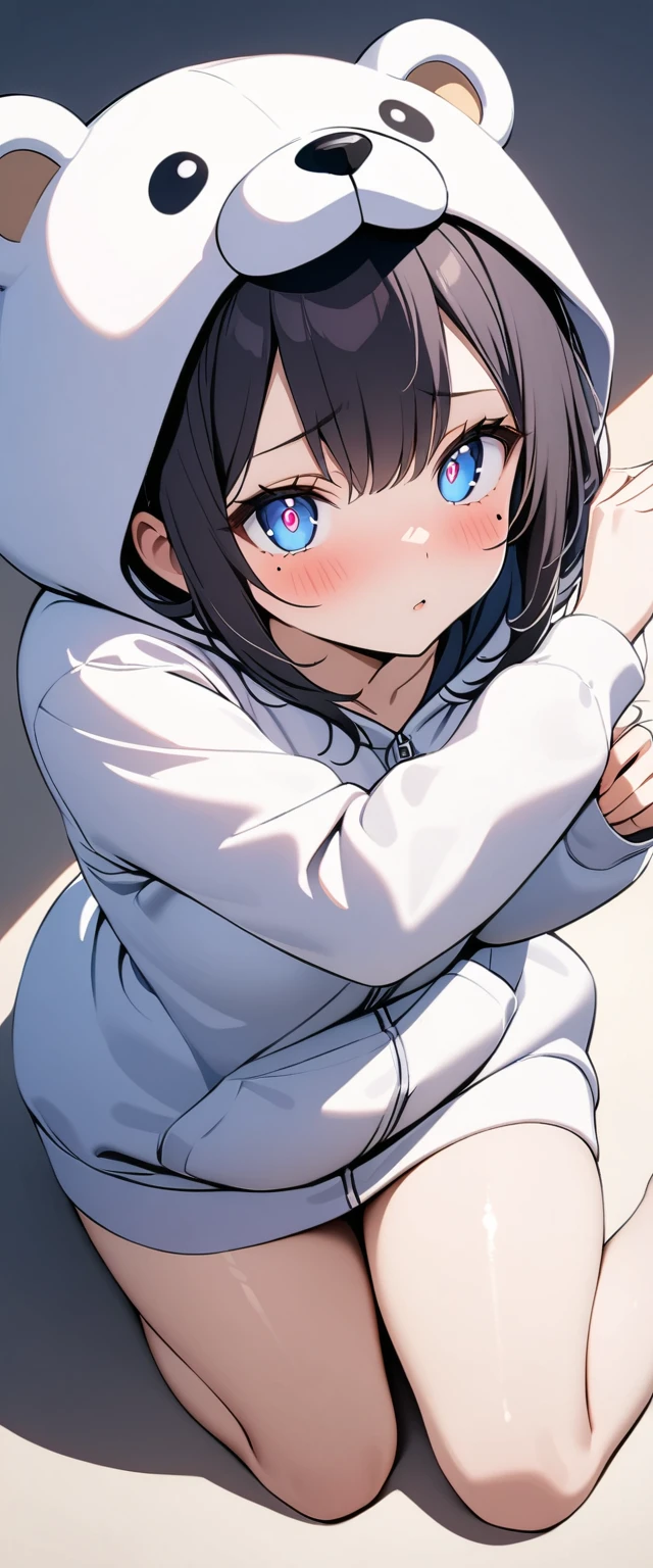 (Highest quality),(masterpiece), 8k,Very detailed, Detailed light, Best Shadow,Detailed reflective eyes, Very detailedな顔,Shiny Hair,(1 girl:1.2),woman,Gloss,Black Hair,Embarrassing,blush,Beautiful fingers,Beautiful Hands,whole body,blue eyes,(Medium length hair:1.2),thin,Mole under the eye,Bear costume,(Stuffed polar bear:1.2),(大きいStuffed polar bear:1.2),Hug a stuffed animal,(Watery eyes 1.2),