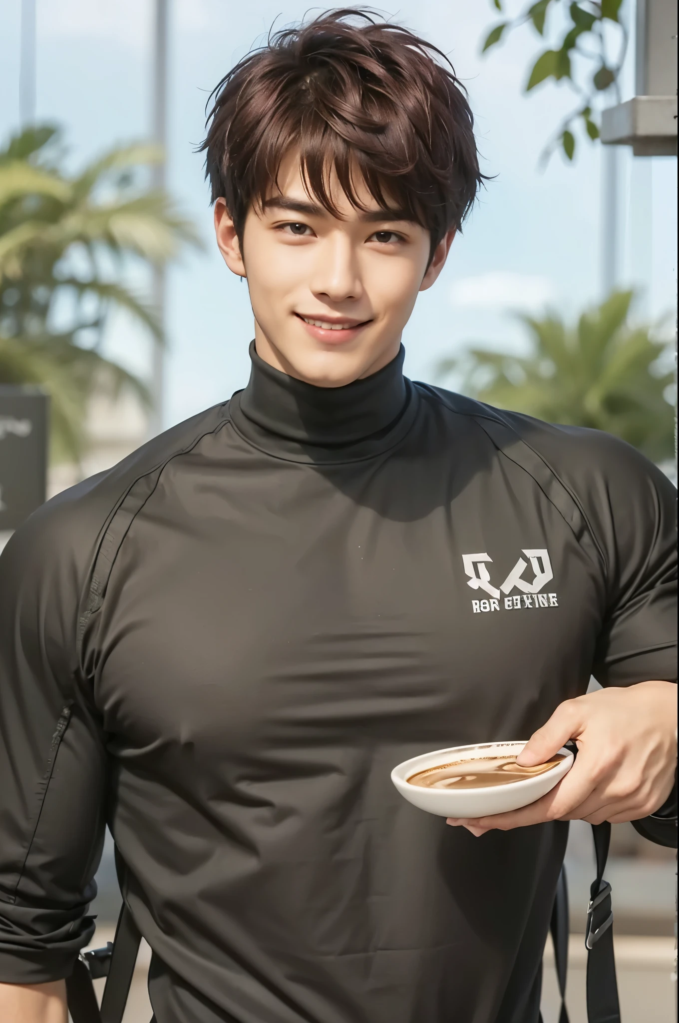 1boy,male focus,solo ,looking at viewer,, muscular body ,Maroon hair, fade tapper hair , Muscular body , Holding coffee , Muscular body like a bodybuilder , Evil smile
