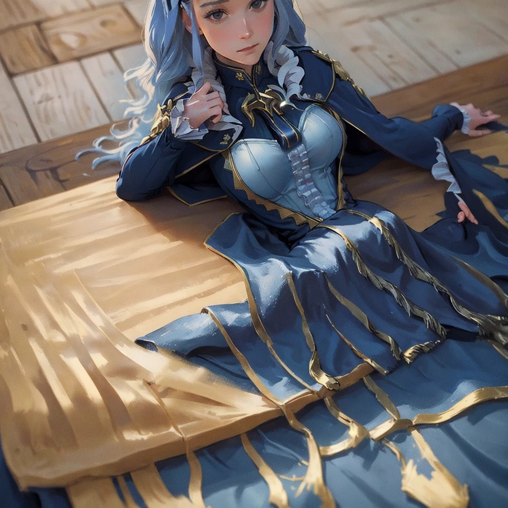 masterpiece, best quality, Marianne3Hopes, long hair, blue dress, capelet, hairband, cropped torso, closed mouth, simple background, looking at viewer, arm_under_breasts