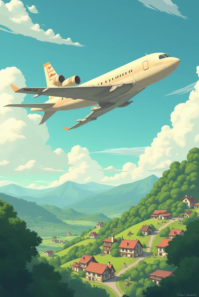 A Aeroplane with Ghibli's art style flying at the top of beautiful village 