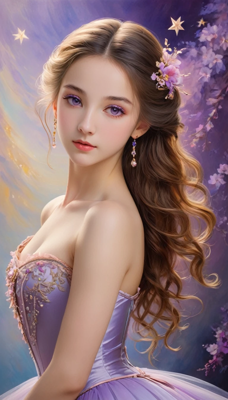 (High resolution,masterpiece:1.2),(Realistic:1.37)"(Highest quality, High resolution, Very detailed, Realistic),Beautiful portrait of a 16-year-old French ballet dancer from the 19th century, (She is half French and half Japanese., She is a stunning beauty with purple eyes and a high nose.:1.1), Exquisite ballet costumes, Detailed facial features, Long and graceful neck, Flowing locks of hair, Calm and elegant posture, Soft and delicate lighting, Classical Oil Painting Medium, Vibrant colors, Delicate background with star motif", Dreamy atmosphere, Surrealism,Mysterious Aura