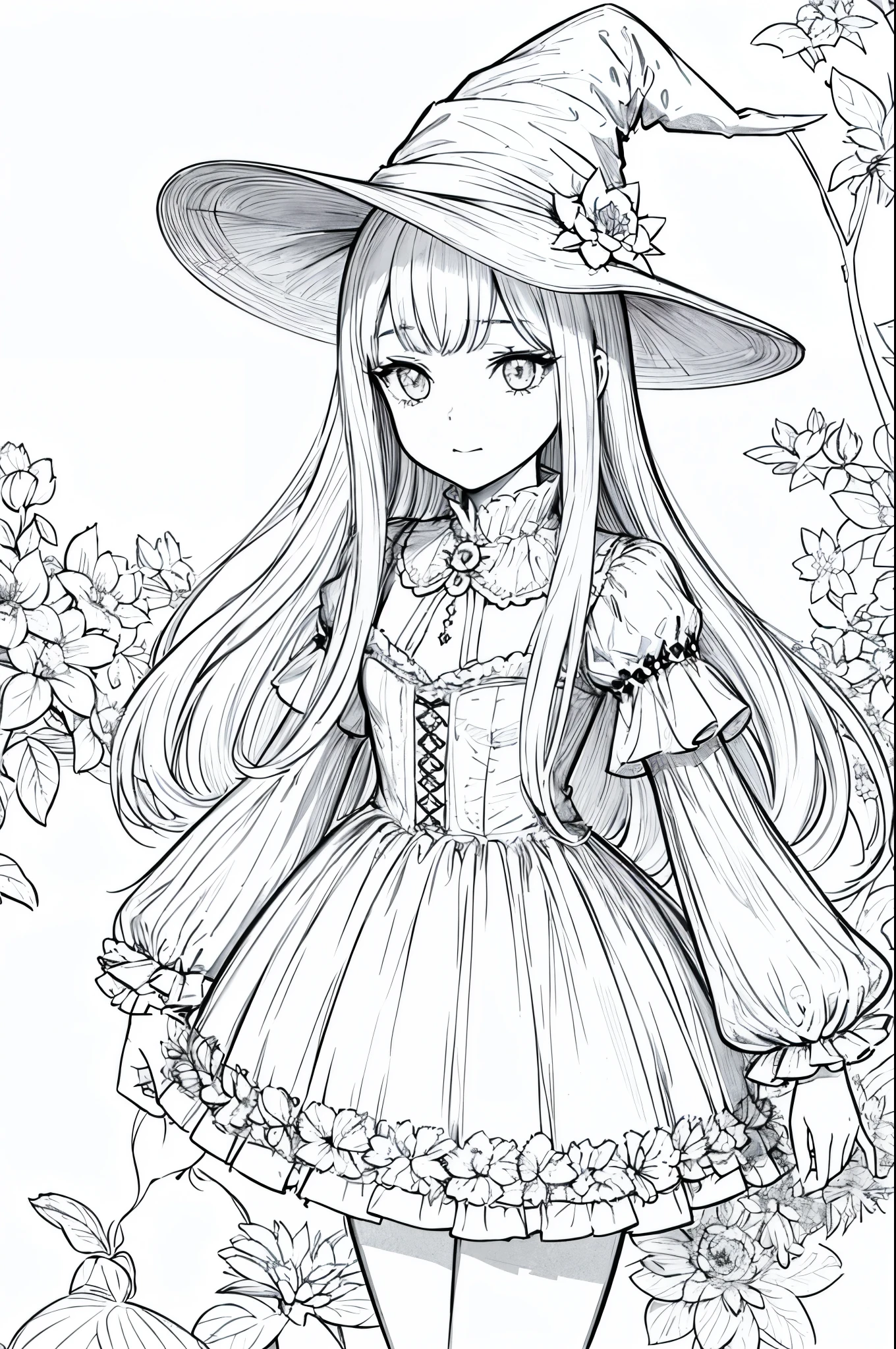 masterpiece, superlative, Beautiful young witch, female , soli, Cute Halloween , flower line drawing background, white background, monocromatic, line-drawing, ((sketch)), frightful, White cat with white eyes, eye white