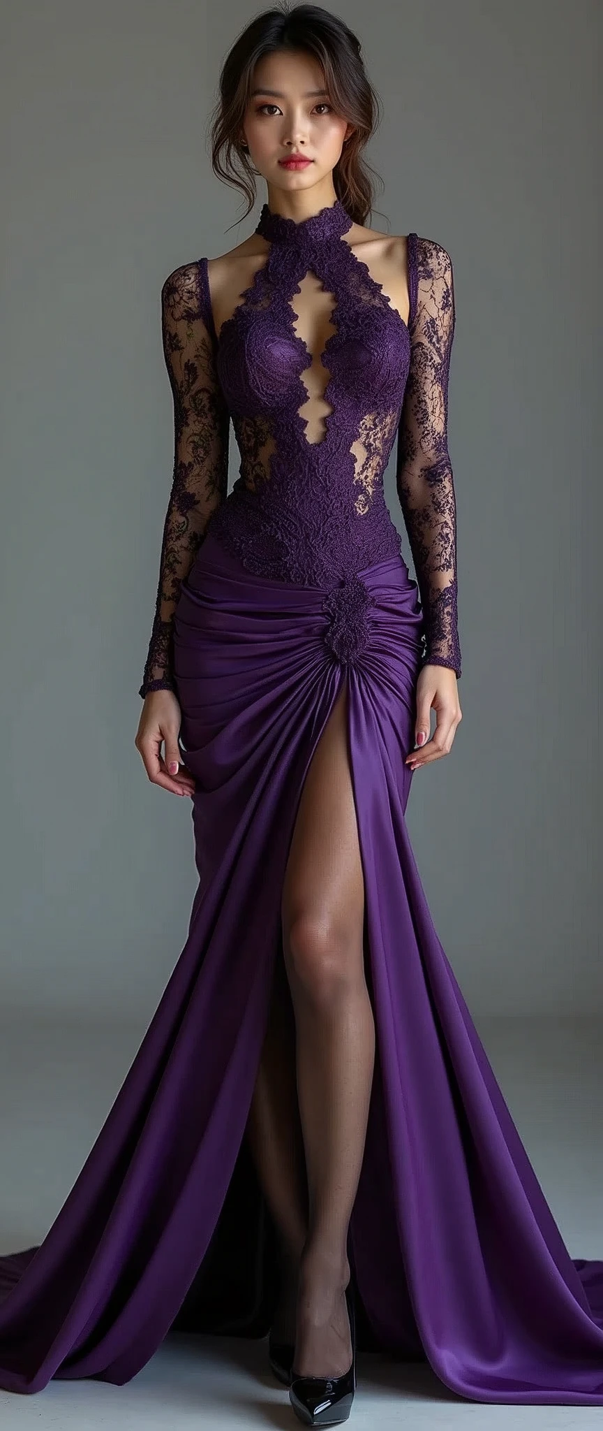 Highest quality,masterpiece,Ultra-high resolution,(Actual:1.4),Original photo,Ultra-high resolution，8k，One Woman，Incredible beauty、Japan great actress、Fair skin，Big wave diamond purple and cool black collaboration dress:1.5，High heels，Ultra-realistic pantyhose, Pantyhose with elegant markings, Long legs:1.5，Bright and beautiful，high waist，Flashy makeup using red eyeshadow，