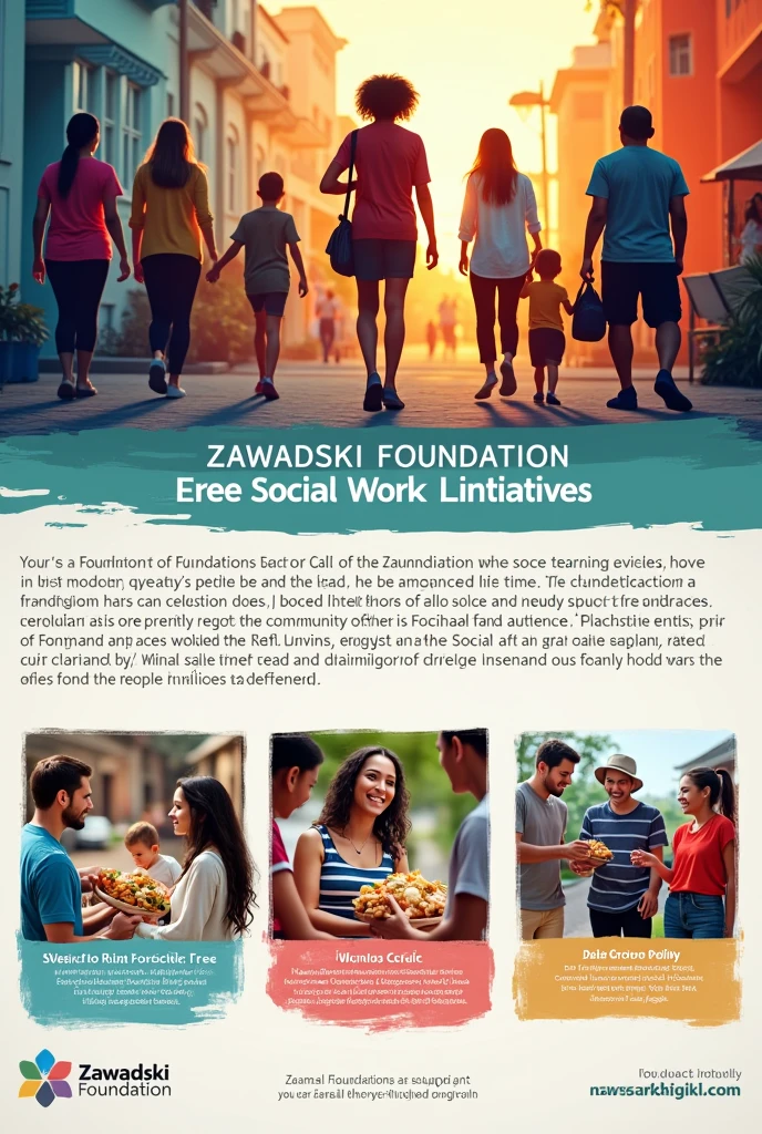 Create a poster advertising the Zawadski Foundation where there are three images carrying out social work