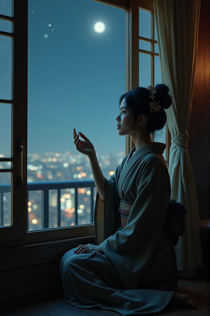 A frontal portrait of a beautiful, stylish Japanese woman from the Meiji period. She is sitting on the window sill of a room on the second floor of a brothel, sadly looking up at the night sky and reaching for the stars.