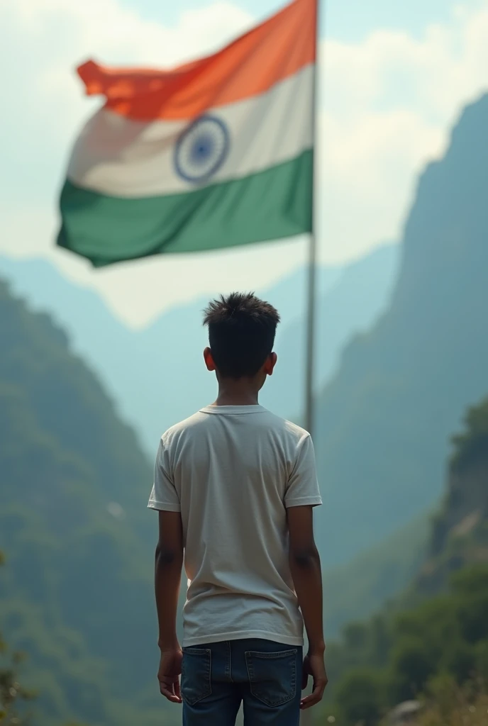 18 year old boy in t shirt and jeans,weight 50 kg ,looking at Indian flag ,backside of boy is visible ,blur background of mountain and sky