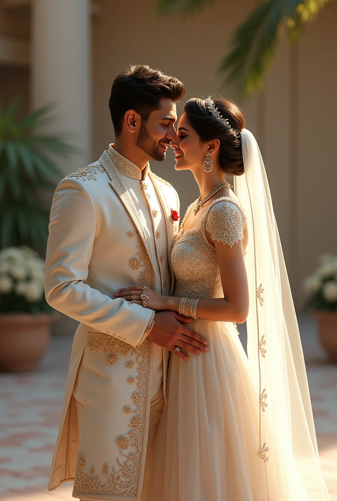 Generate a realistic image of a wedding couple and the name hetankshi on the wedding suit must be written and the wedding suit of boy the name yaksh must be written.