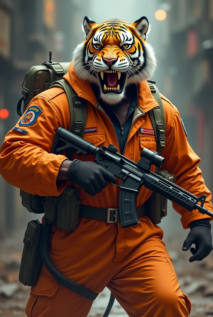 (a dark-skinned fat muscular old man in orange air force pilot suit) carrying a gun in right hand, (wearing realistic roaring tiger mask), dynamic action pose, fierce expression, showcasing an imposing stature, surrounded by military elements, dramatic shadows and intense highlights, cinematic color tones, high detail, powerful, art influenced by Bruce Onobrakpeya and Stanley Artgerm, ultra-detailed, best quality image, action-packed atmosphere. fighting stance