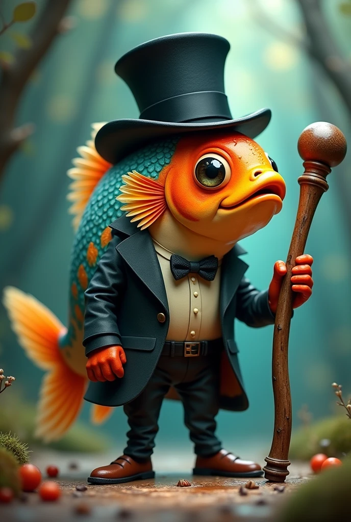 The fish is wearing a top hat on its head and is holding a walking stick in its right hand.。