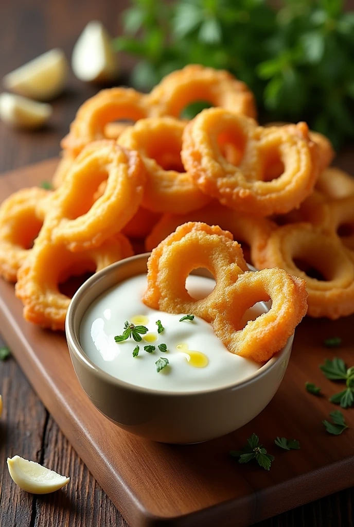 churros shape fries with yogurt and garlic dip