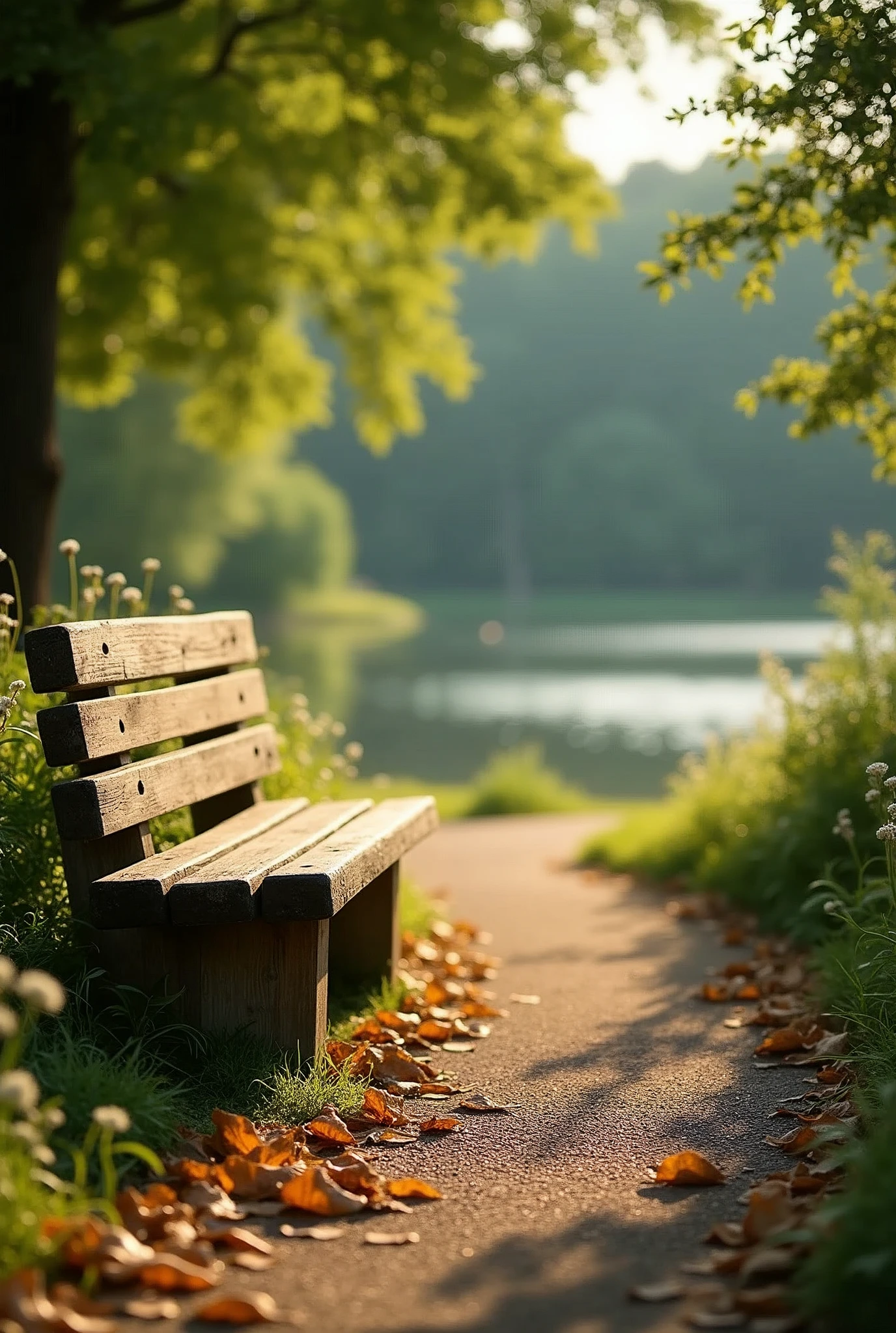 A stunning photo of summer view, a bench  in a beautiful garden and lake, pedestrian lane with lots of dry brown leaves on the ground, zoom the image from below on the ground, low lighting, masterpiece, highly-detailed, ultra-sharp. 