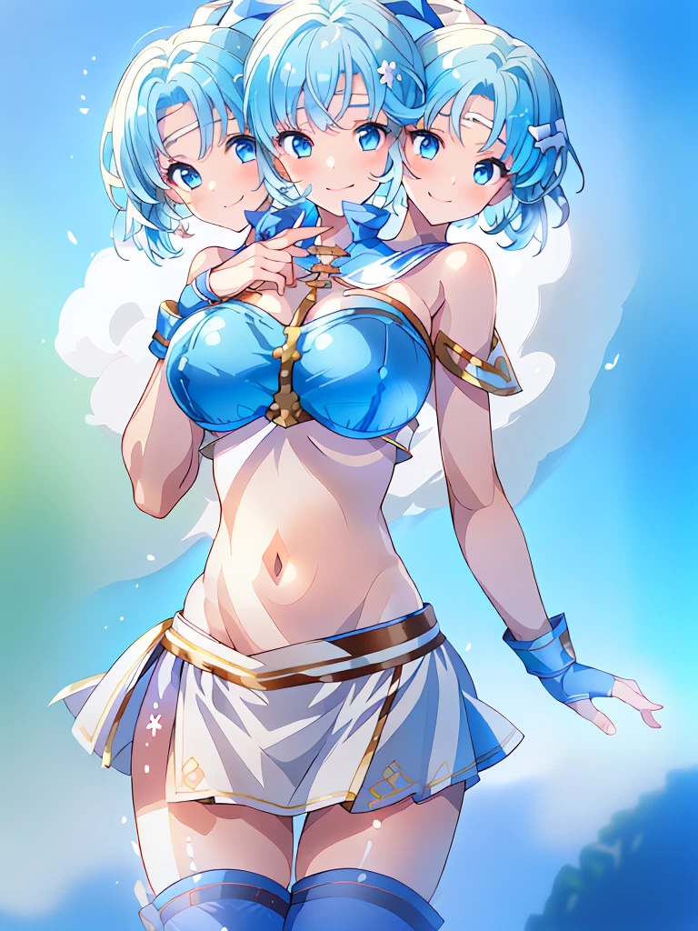 (masterpiece, best quality), best resolution, (3heads:1.5), 1girl, light blue hair, fingerless gloves, smiling, soft smile, open belly, white-blue crop top, blue-white miniskirt, open breasts, huge breasts, sexy pose, hair length until shoulders, headband,
