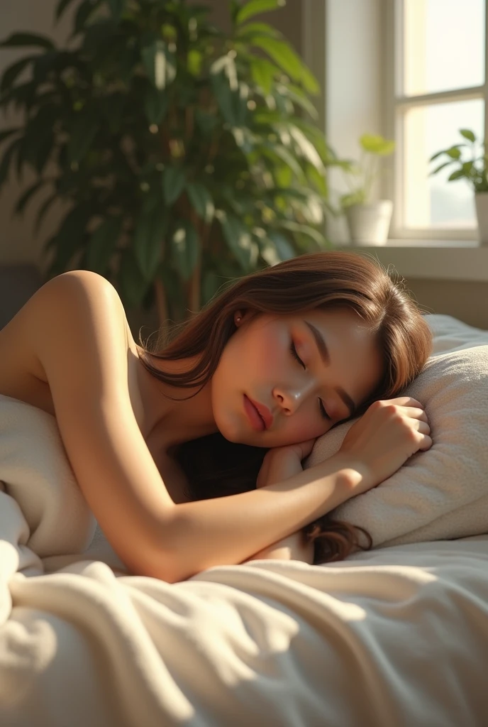 (photorealism:1.2), beautiful woman, sleeping on bed, wearing nothing, long stright hair, indoors, soft lighting, plants in background, window with sunlight, cozy room, relaxed pose, realistic, intricate details, warm colors