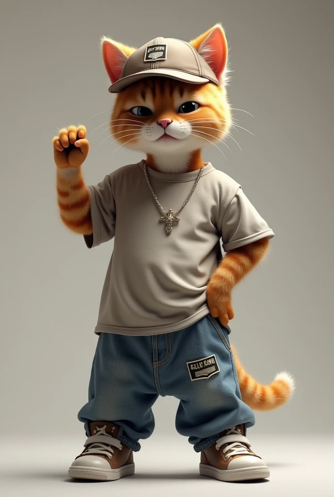 A cat dressed in hip hop style standing like human saying noo