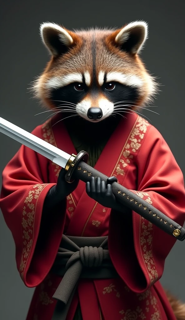 Create a cinematic video featuring Rocket Raccoon from the MCU, with highly detailed fur, slightly bulged, and dressed in a red kimono with intricate designs. Rocket is shown in an action pose with a pensive expression, captured in a full body shot. The focus is on the exquisite, long katana he is holding, with intricate designs that emphasize the sharpness and precision of the weapon. The scene should highlight the katana's lethal elegance, with dramatic lighting and close-up shots to accentuate the weapon's craftsmanship and Rocket's readiness for action