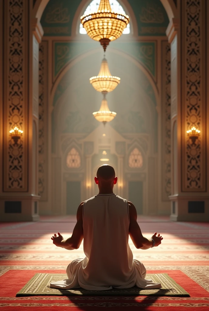 "A high-resolution, lifelike image of a young bald man with a masculine build, wearing a taqiyah, performing a prayer to Allah in the interior of a mosque in America."