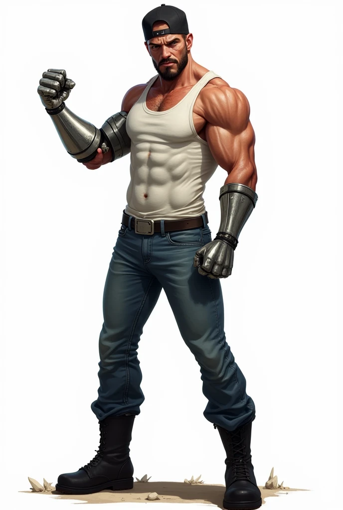 drawning, sharp colors, a strong man, zombie apocalypse style, 30years, short stature, black goatee, Black cap, white tank top, blue jeans, Black boots, a silver-plated prosthetic left hand and fingers, Furiosa, in punching position, white background, fully body 