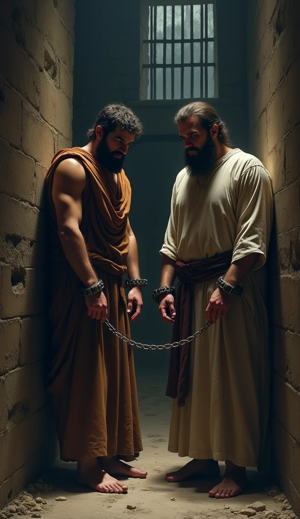 A picture of Paul and Silas chained in prison, with a dark and disturbing atmosphere.