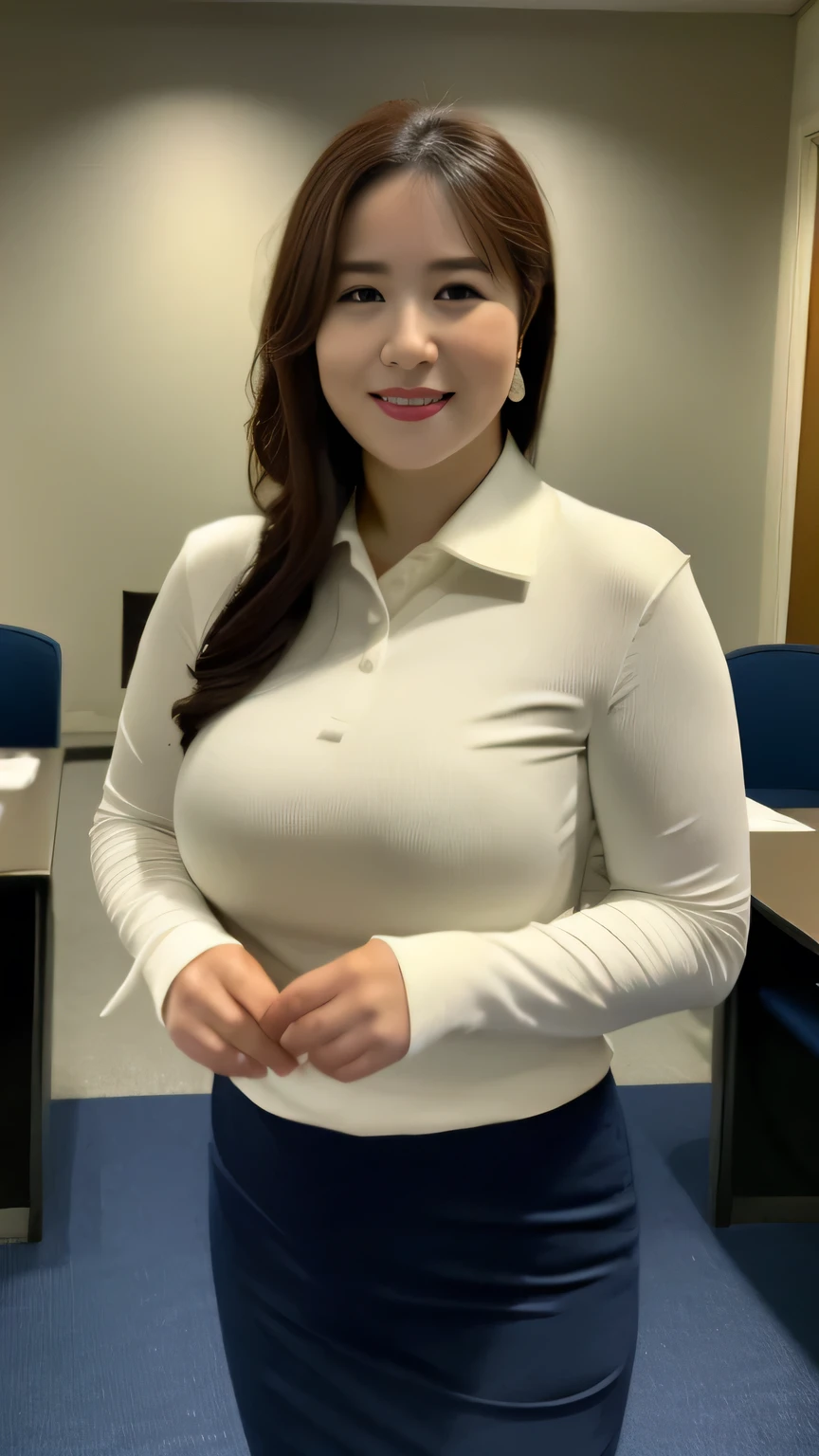 ((Highest quality, 8k, masterpiece, Portraiture: 1.3)), (Looking at the audience), (Full Shot:0.85), Attractive business mature woman, 1 person, A little chubby:0.4,Brown medium hair、 White collared shirt, Grey tight skirt,((Big Tits 1.6)) (Large pelvis:0.9), ((Are standing)), smile:0.2, conference room、,Good posture、カーテンを閉め切ったconference room、A little dark room、