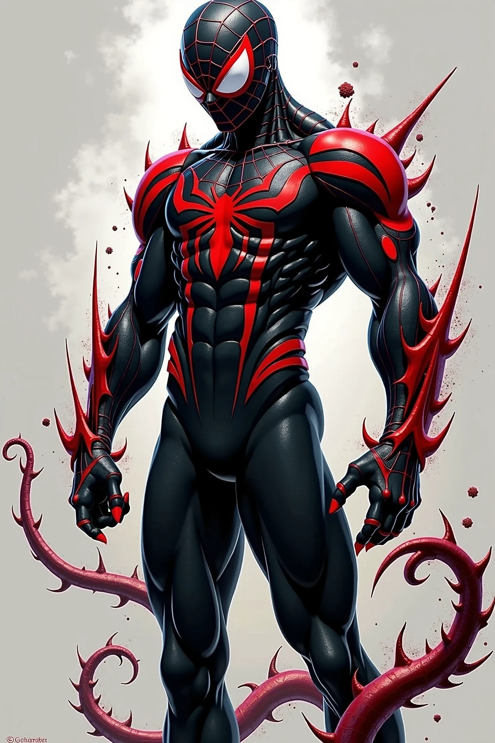 The Hero Spider-Man with his costume made with the Venom symbiote, Reaslita Art Style, and lots of details